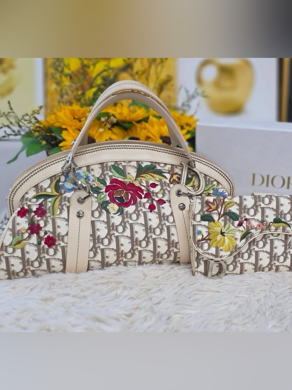 Dior Bundle Floral Embroidered Beige Monogram bag and wallet